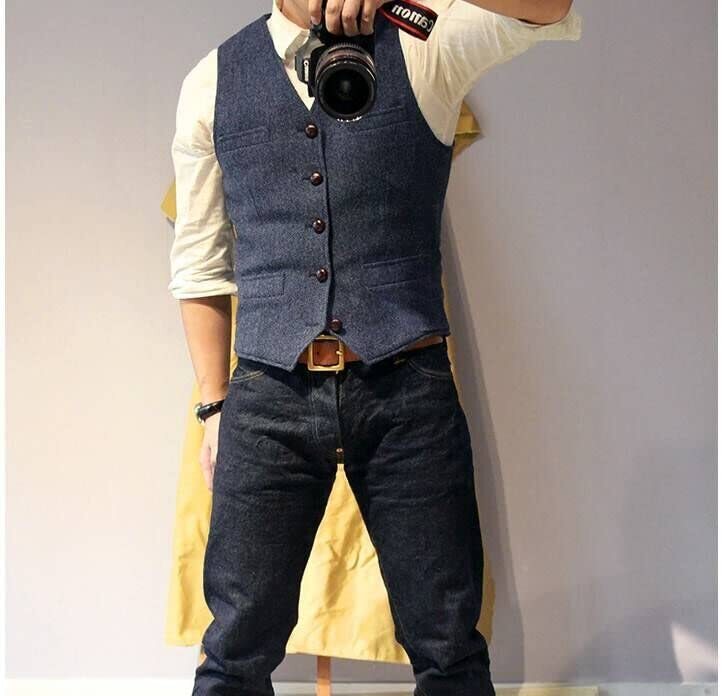 Mens Tweed Vest Retro Herringbone Western Cowboy Groom Formal Dress Waistcoat