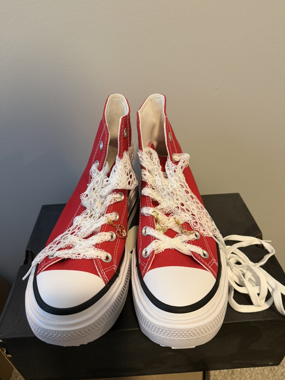 Converse CTAS Lift Double Stack Hi Red Platform Chicago Custom with Charms W9/M7