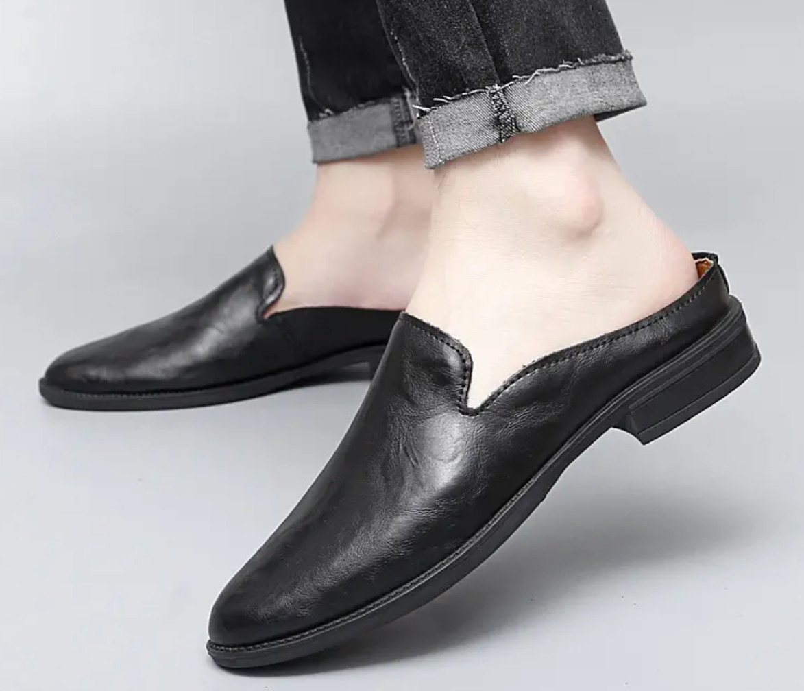 Mens Summer Mules Leather Slippers Closed Toe Slip On Casual Shoes Loafer 2025