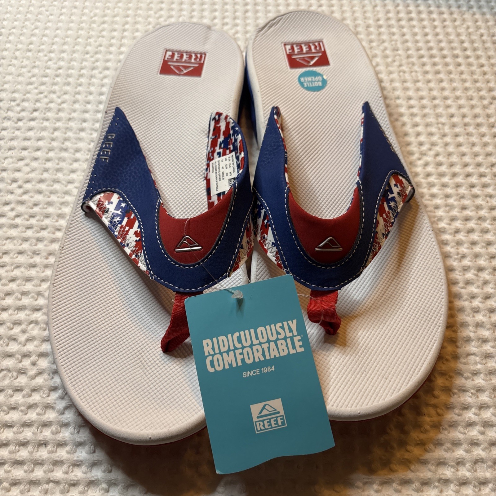 Reef Men’s Bottle Opener Patriotic Fanning Thong Flip Flops White NWT Size 14