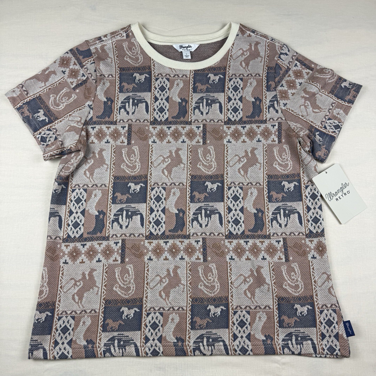 Wrangler Retro Women’s Large Patchwork Western Slim Tee Brown NWT 112360795