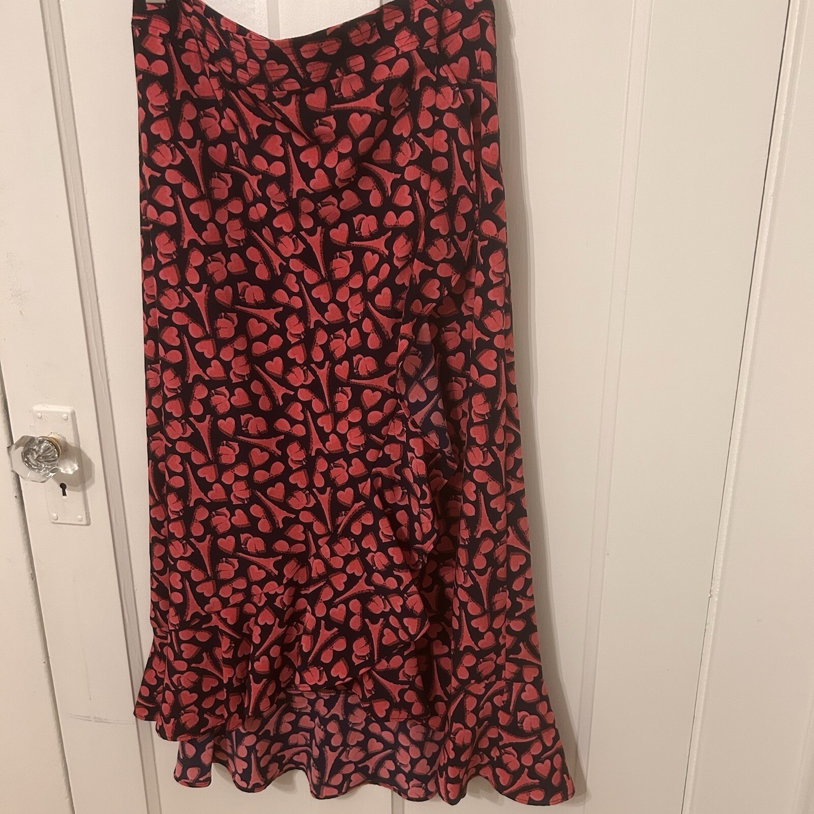 Karl Lagerfeld Paris Logo Heart Print Faux Wrap Ruffle Midi Skirt Sz 6