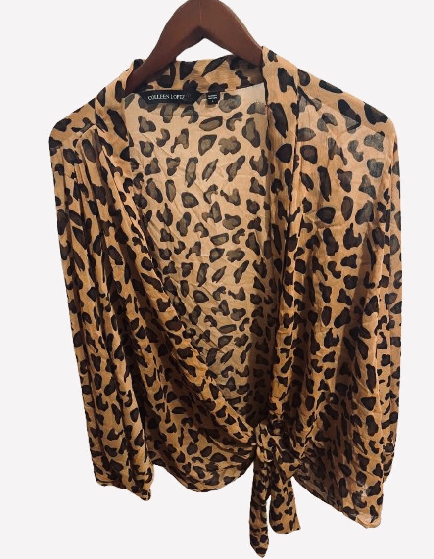 Colleen Lopez sheer tie-front top leopard animal print wrap blouses L cover-up