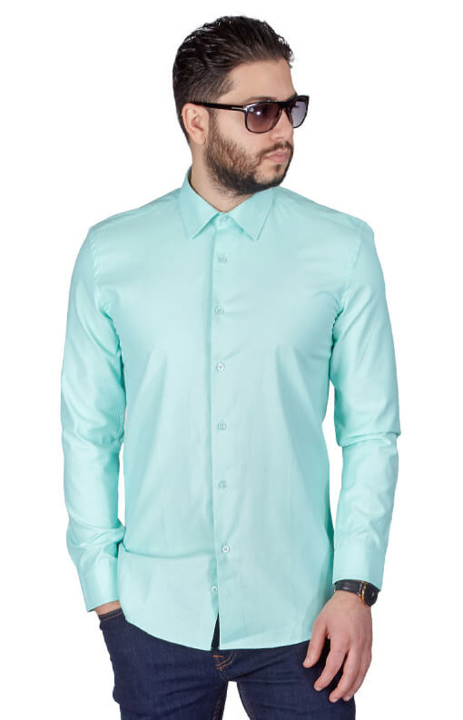 Slim Fit Mint Green Men’s Dress Shirt Spread Collar Fitted Convertible Cuff AZAR