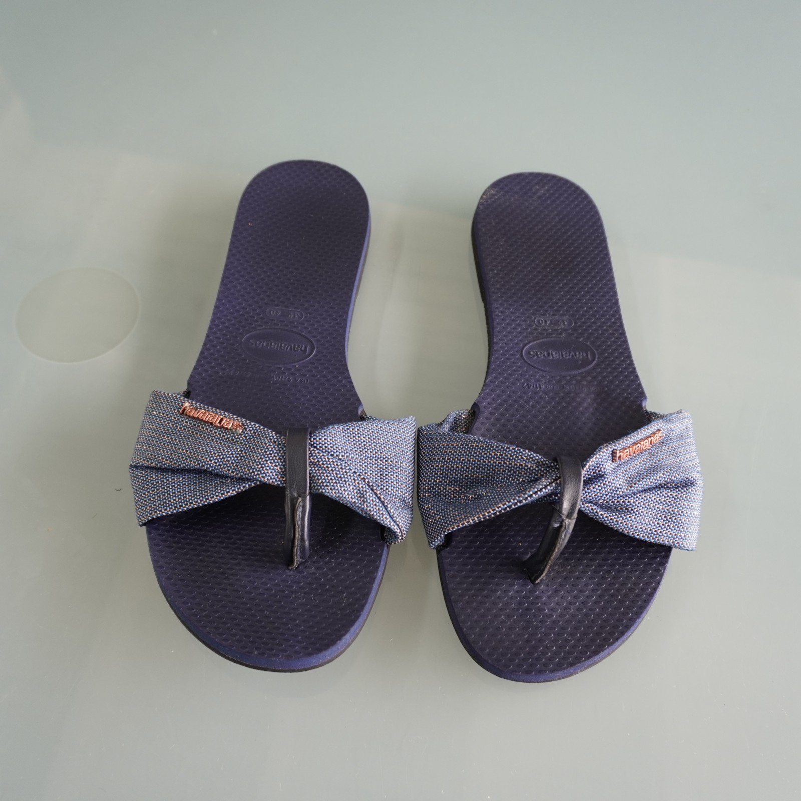 Havaianas You St Tropez Shine Sandals Womens 9 10 Navy Blue Fabric Bow Flip Flop