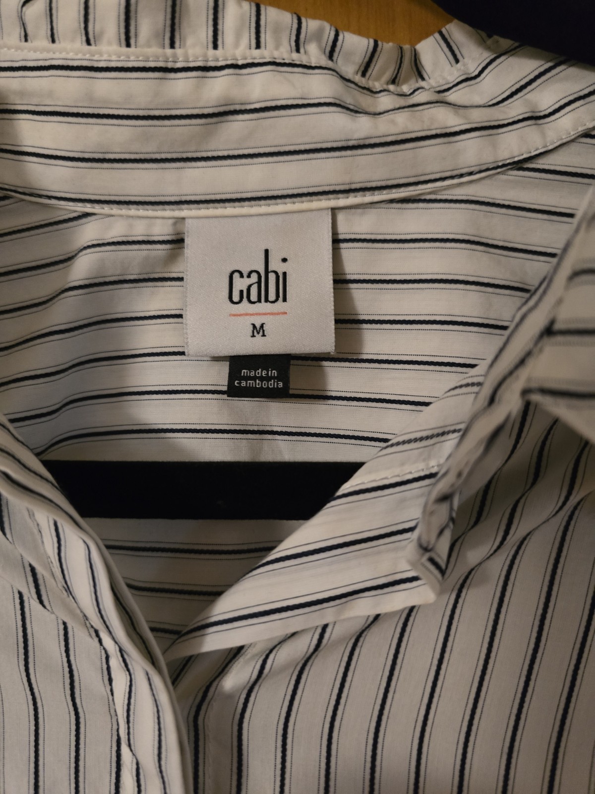 CAbi White Blue Striped Cotton Ruched Sleeve Collared Button Front Shirt M
