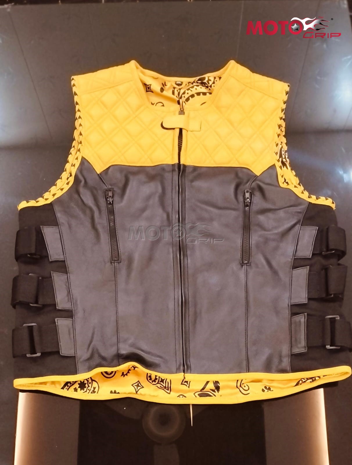 Handmade Leather Biker Vest Yellow Black Quilted Motorcycle Club Style