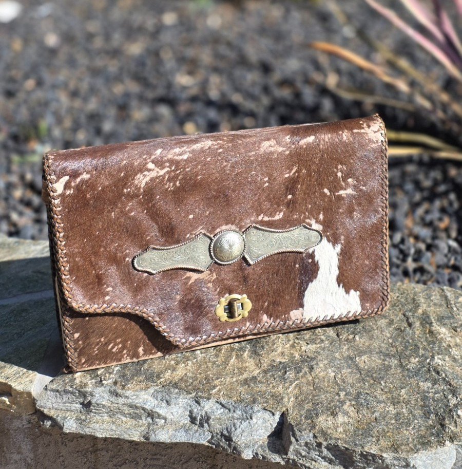 Vintage Reversible brown/white Cowhide & Tooled Leather Western Purse