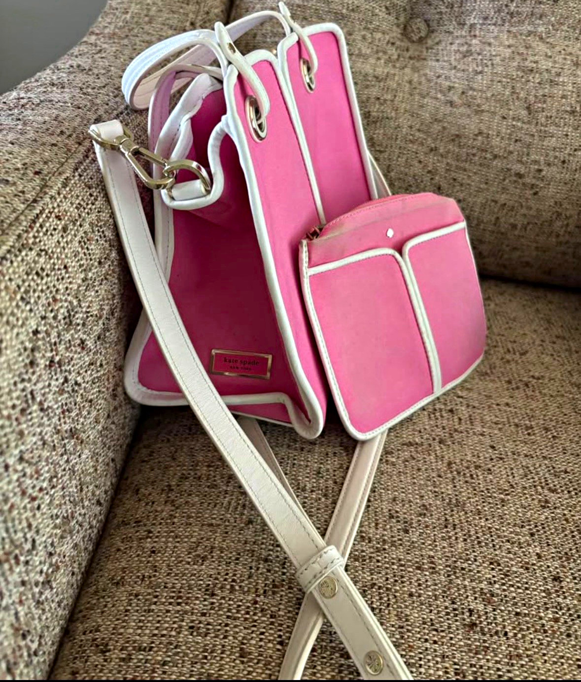 kate spade new york Small Pink/White Satchel Zip Top Handle, Detachable Strap