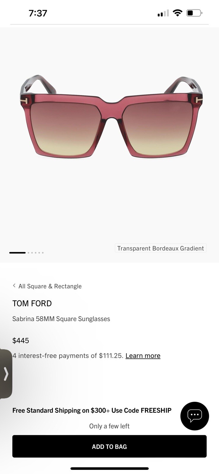 Tom Ford Sabrina 58mm Square Sunglasses New In Box Retail $445