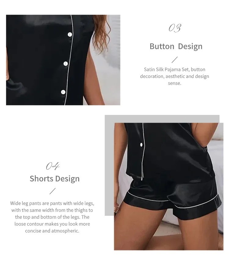 Womens Silk Satin Pajama Set 2 Piece Button Down Top Shorts Sleepwear Loungewear
