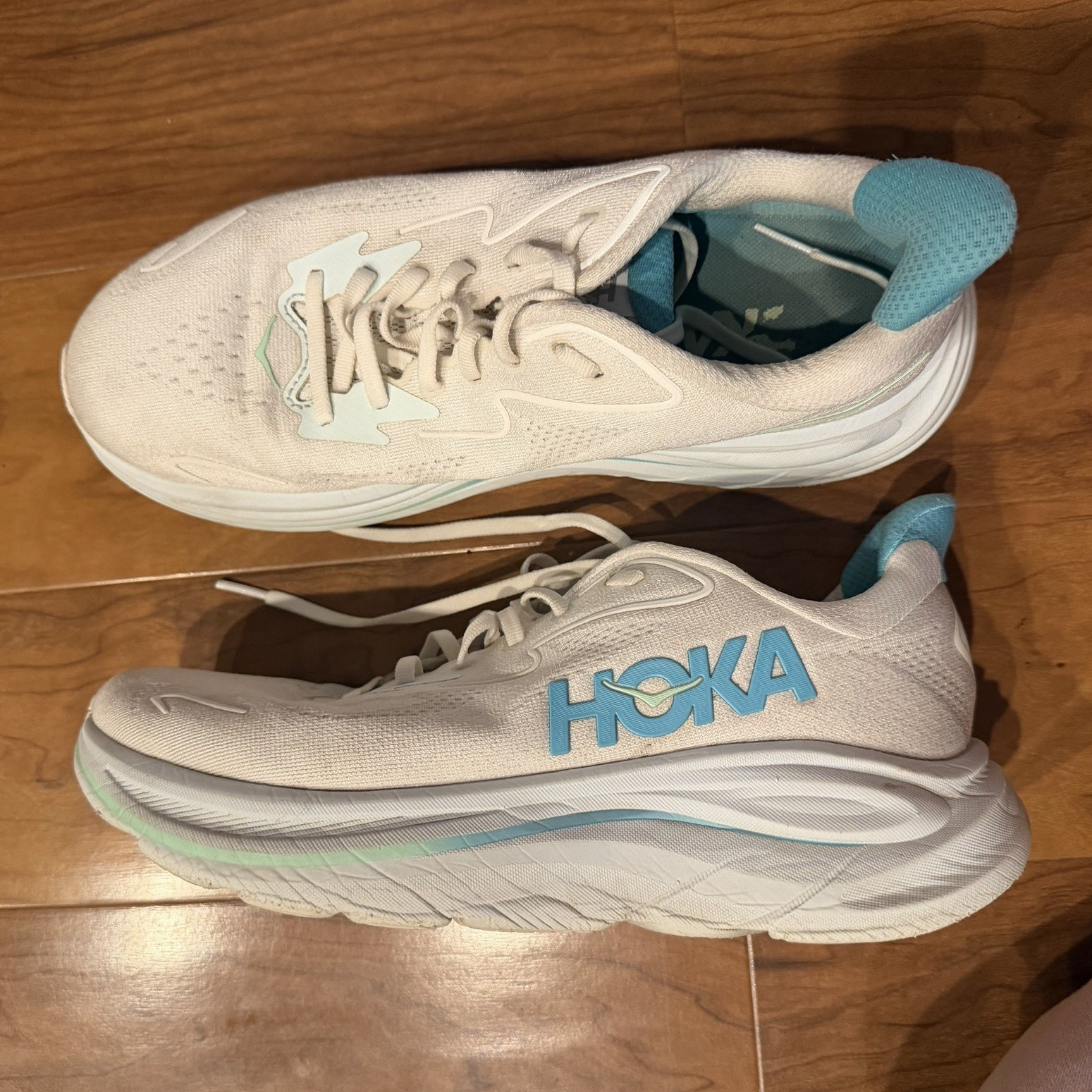 HOKA White/Blue Mesh Lace Up Low Top Athletic Running Sneakers