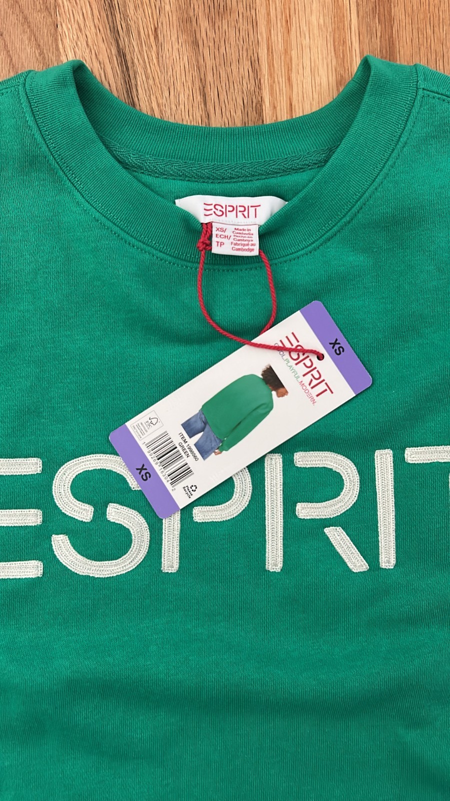Esprit Women’s Logo Fleece Crewneck Sweatshirt Green XS NWT Costco Retro 90s