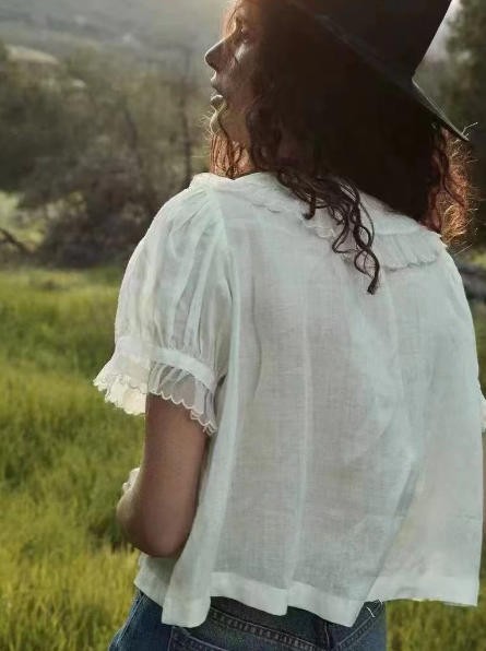 Women Doen Collared Lace Contrasting Puff Sleeve Blouse Top