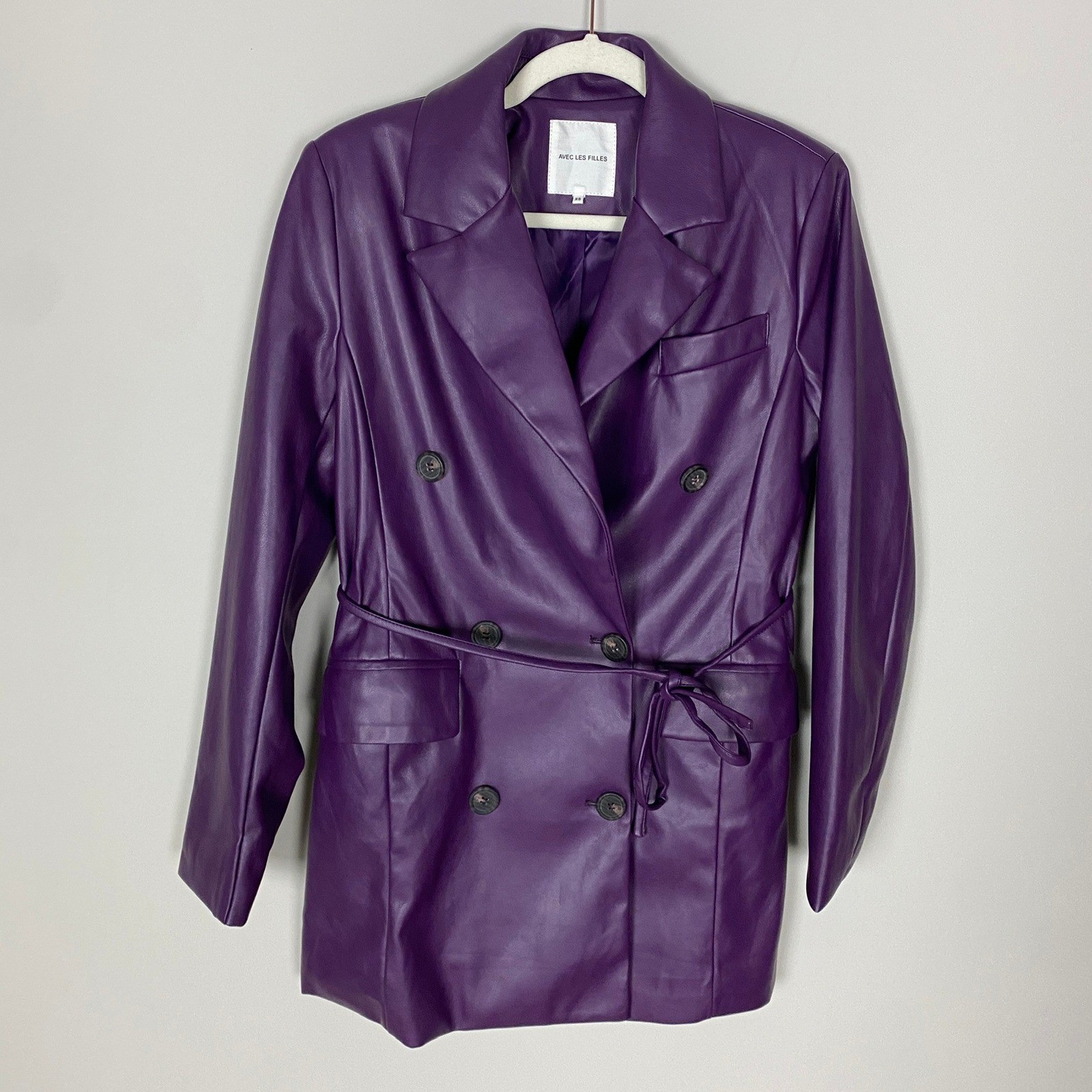 Avec Les Filles Purple Faux Leather Double Breasted Belted Trench Jacket XS