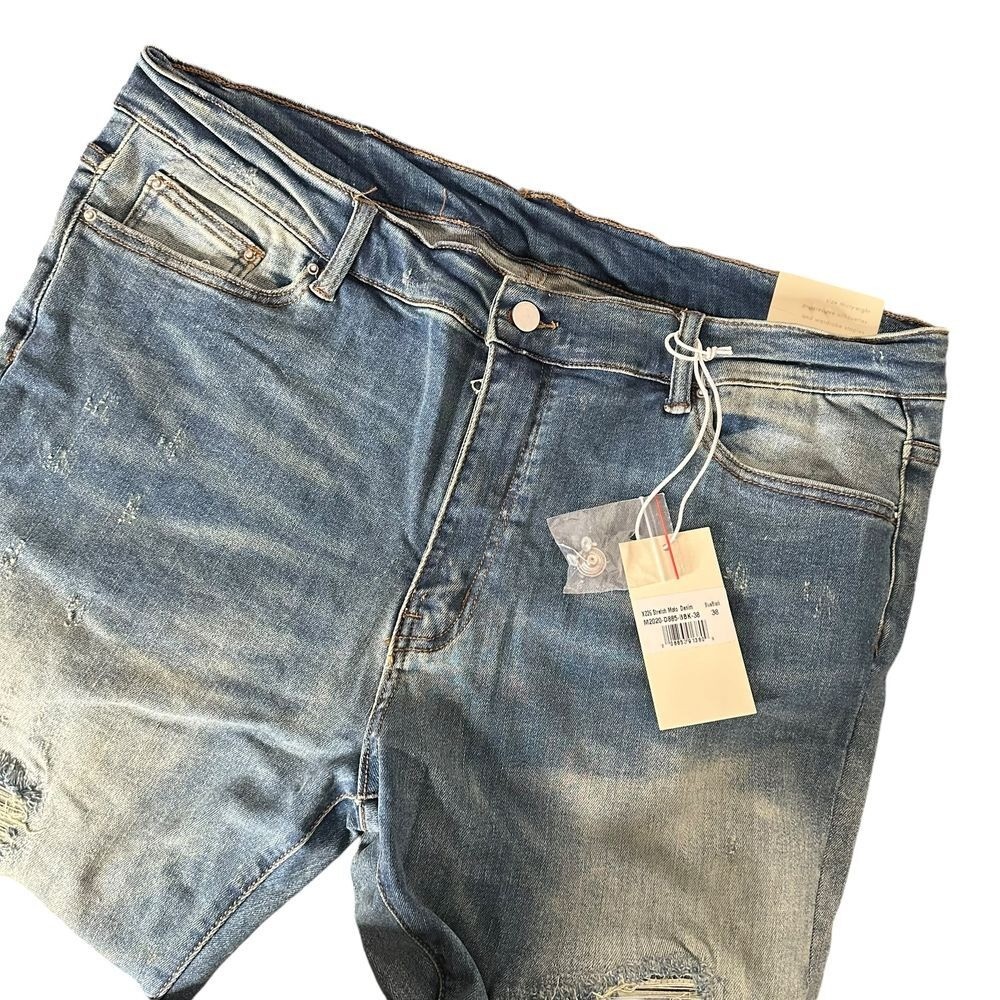 MNML Stretch Moto Denim Jeans Men Size 38 Blue Distressed Ripped Pants NEW