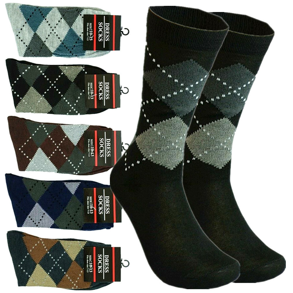3-12 Pairs Mens Diamond Argyle Cotton Mid Calf Crew Work Dress Socks Size 10-13