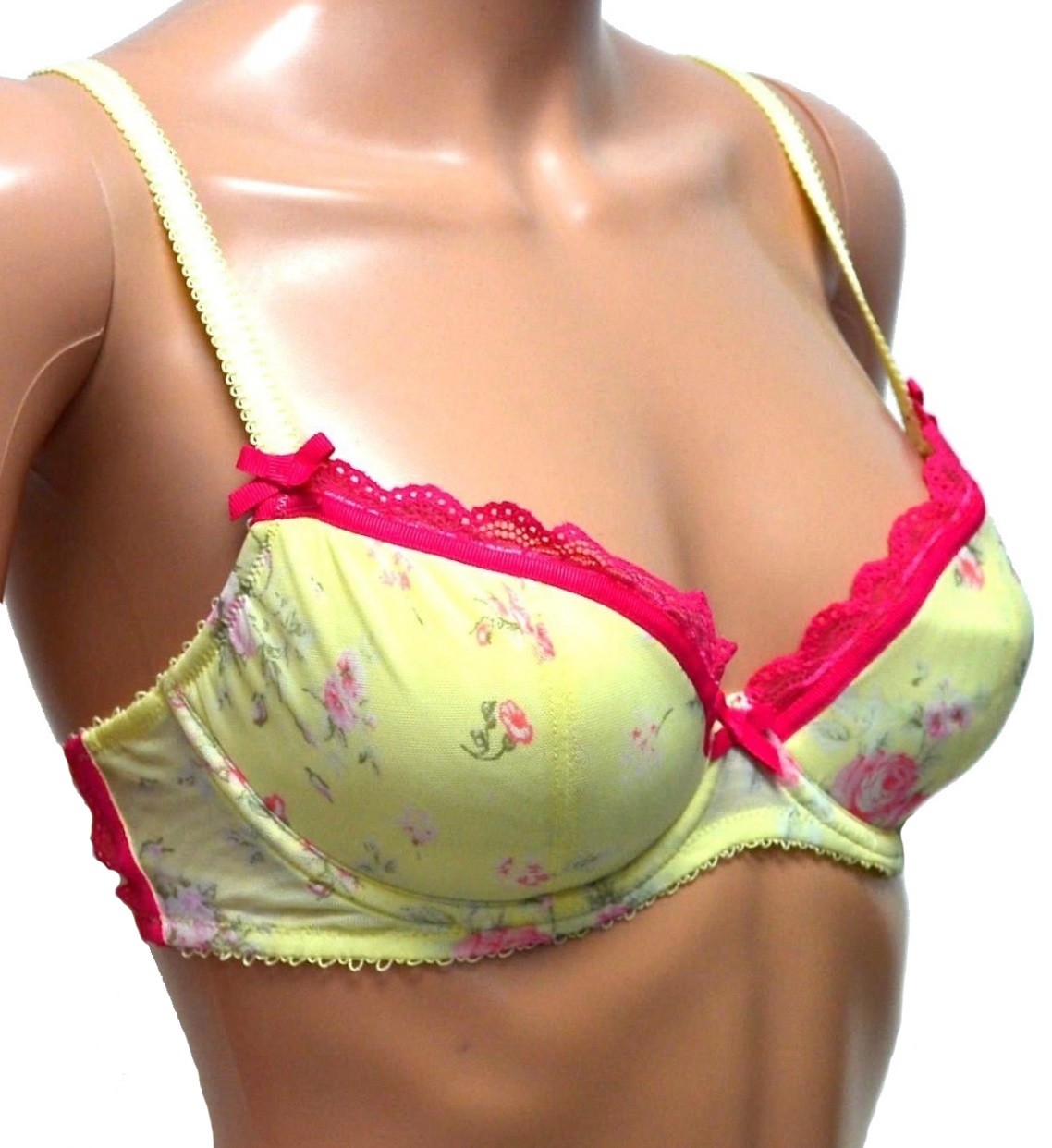BALCONY BRA Underwired Padded YELLOW Lemon Pink Pastel Floral M&S Ceriso 32B 34B