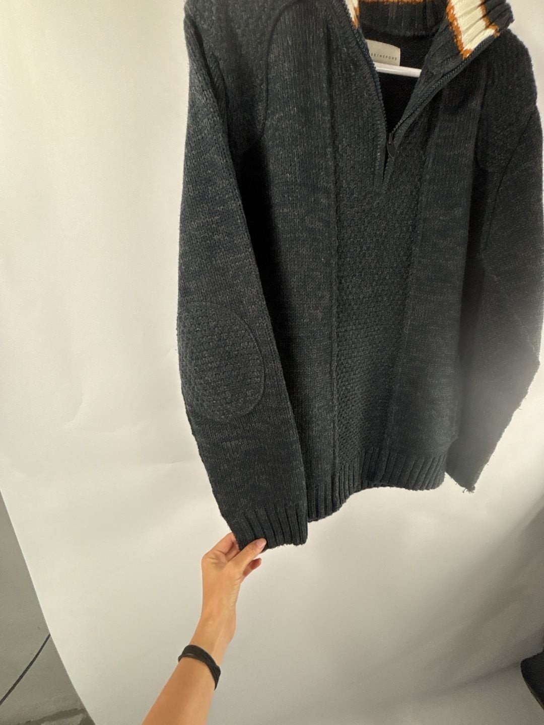 Across The Pond Gray Half-Zip Mock Neck Knit Sweater with Elbow Patches