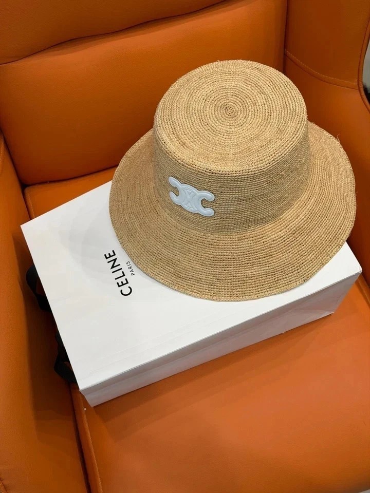 Celine Bucket Raffia Bucket Hat White Triomphe Logo Women Summer Sun Hat