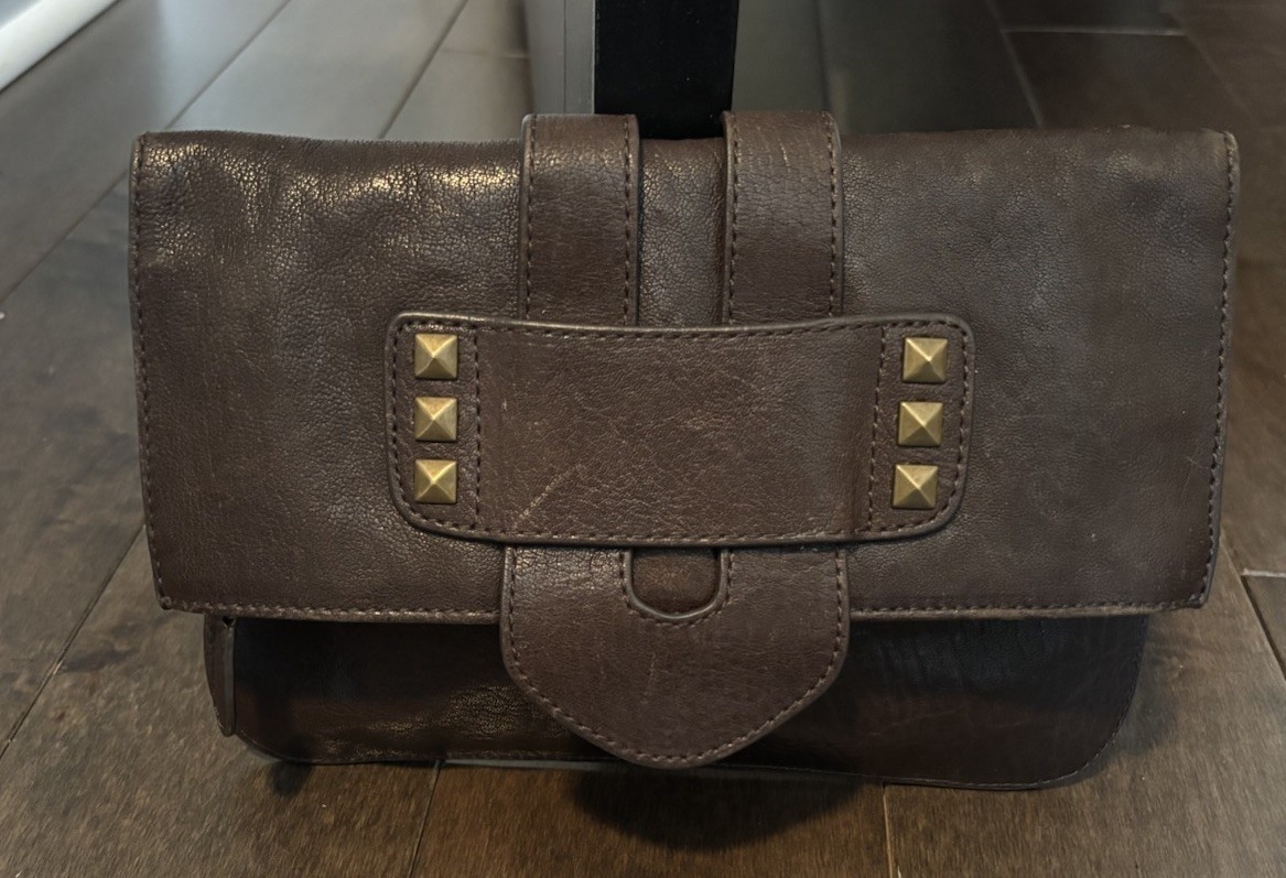 TILA MARCH PARIS Brown Pebbled Leather Clutch Handbag w/ Brass Accents