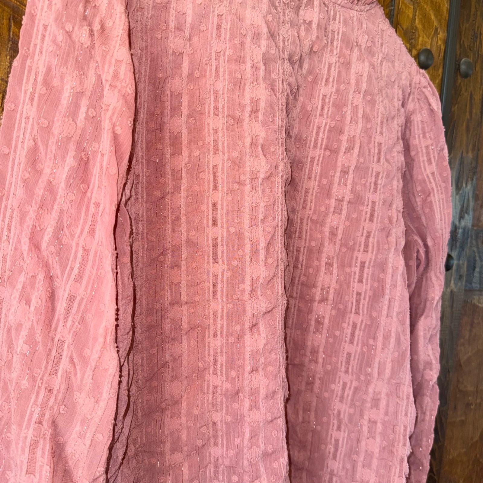 Womens Pink Swiss Dot Ruffle Neck Blouse Metallic Stripe Long Sleeve Top