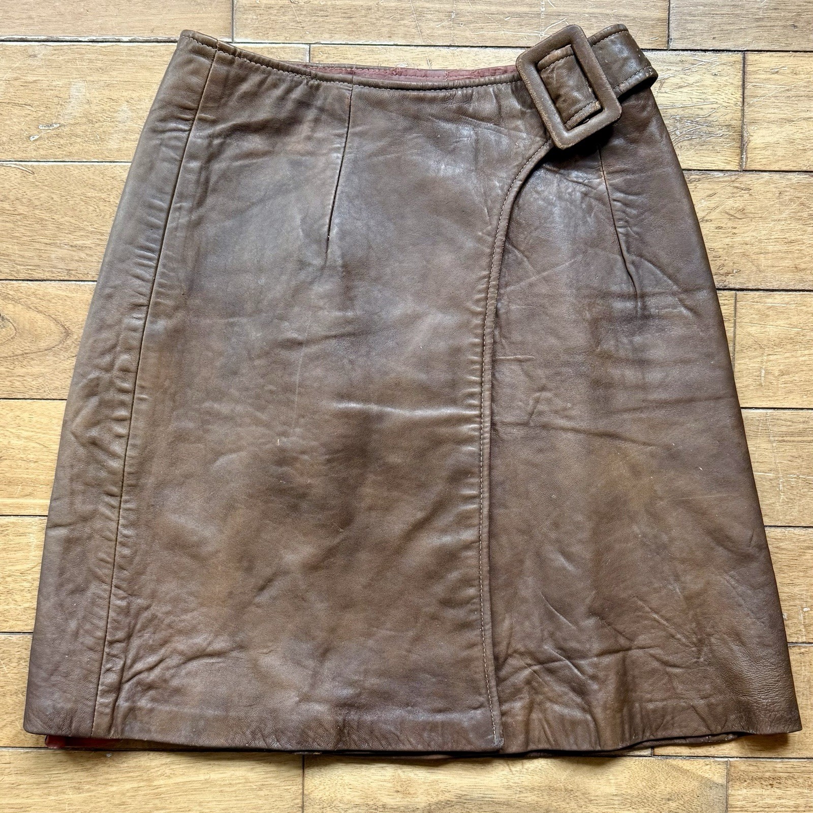 VTG 60s Brown Leather Buckle Snap Lined Mini Skirt Hippie Boho Mod GoGo Scooter