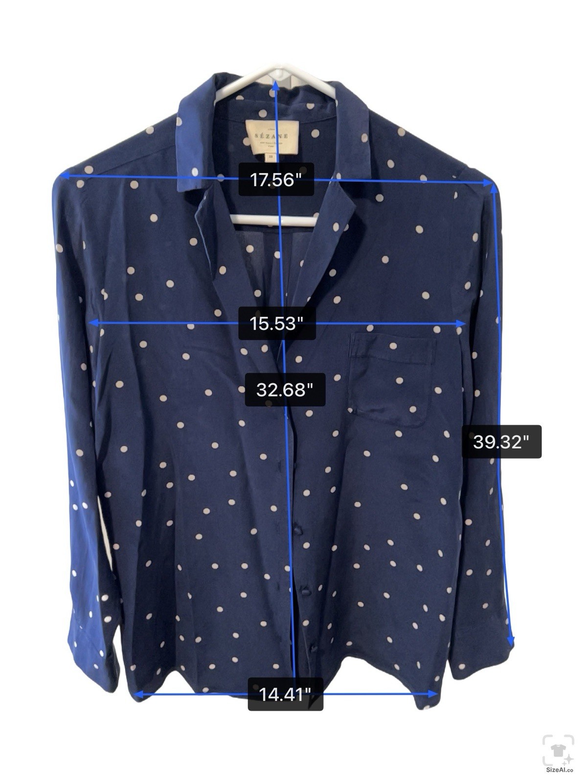 SÉZANE Polka Dot Silk Button-Up Long Sleeve Shirt Navy Blue Size 38