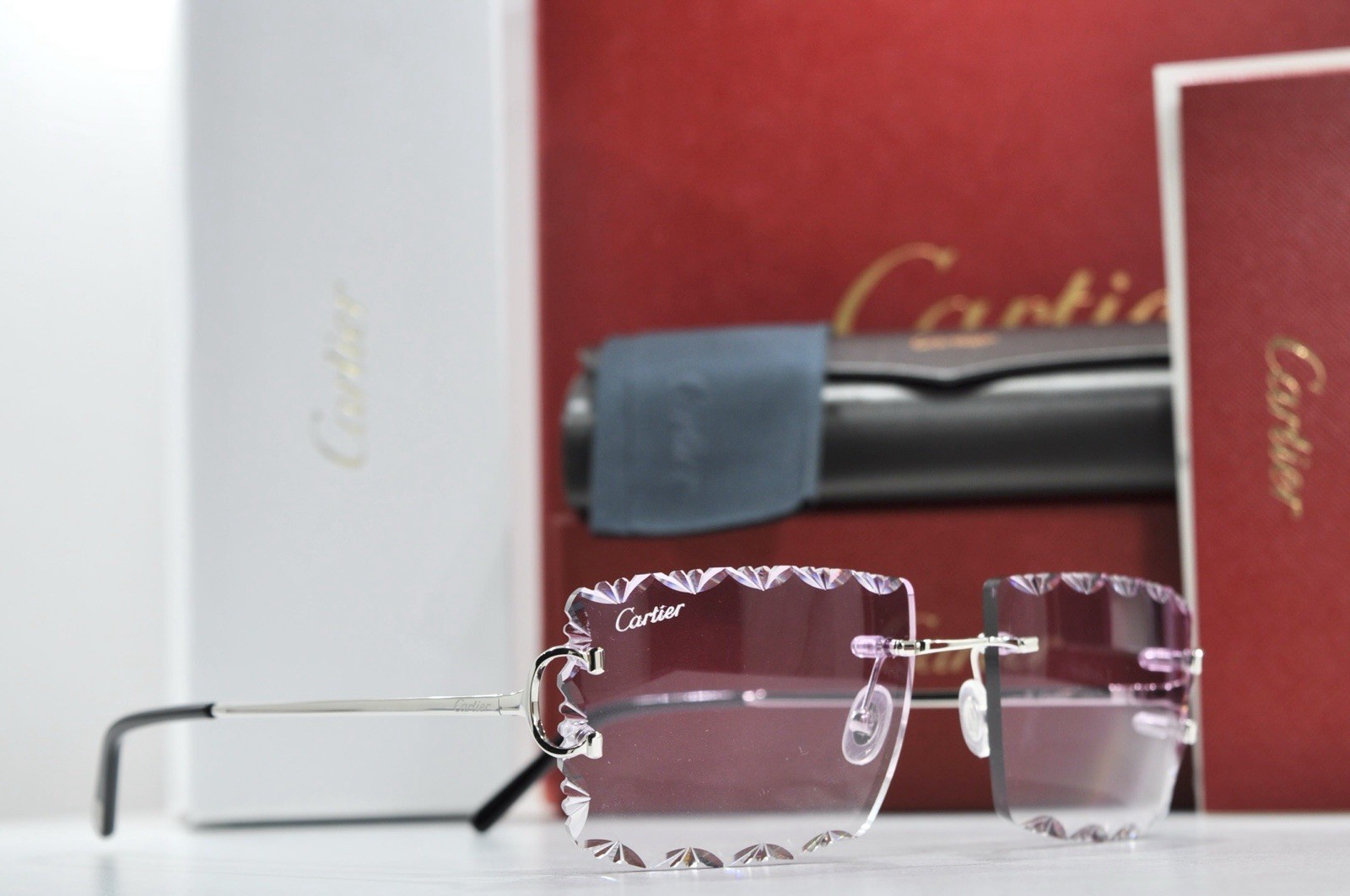 Cartier rimless sunglasses piccadilly glasses Diamond Cut BIG C silver Frame