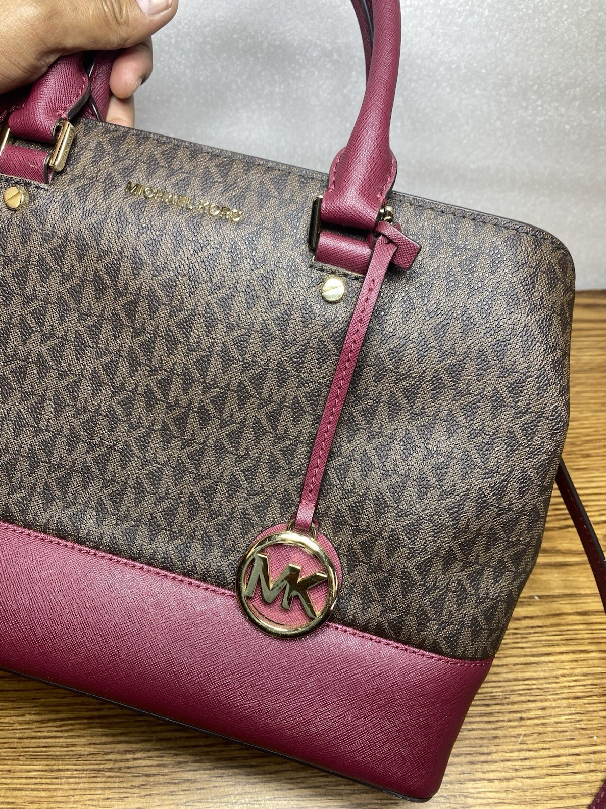 Michael Kors Savannah Signature Satchel Purse Brown Red Wine Cherry Gold