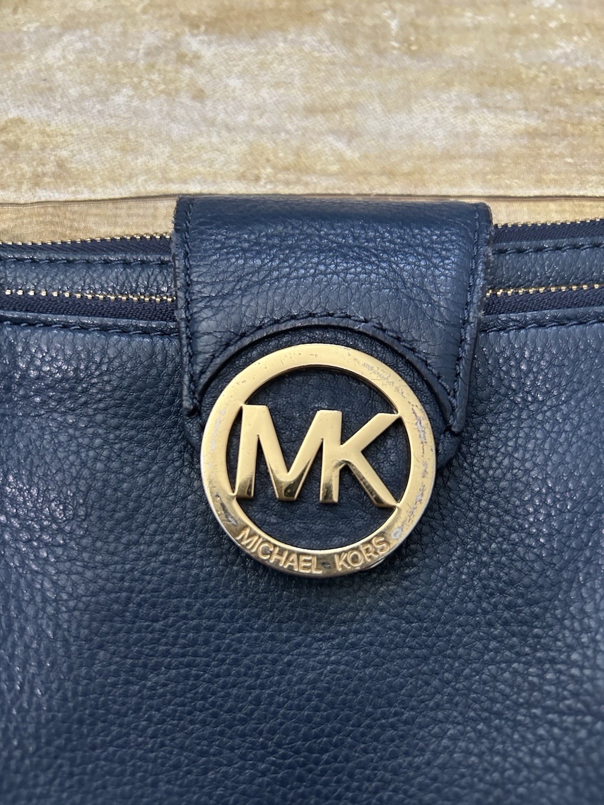 Michael Kors Blue Pebbled Crossbody Bag Zip Closure Gold Hardware MK Logo