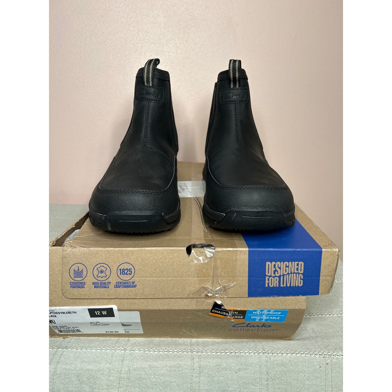 Clarks Men’s Walpath Easy Chelsea Boot Black Leather Size 12 W Waterproof New