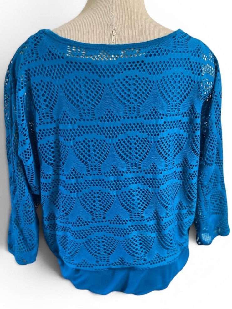 Multiples Womens XL Teal Open Knit Crochet Dolman Batwing Lined Boat Neck Top