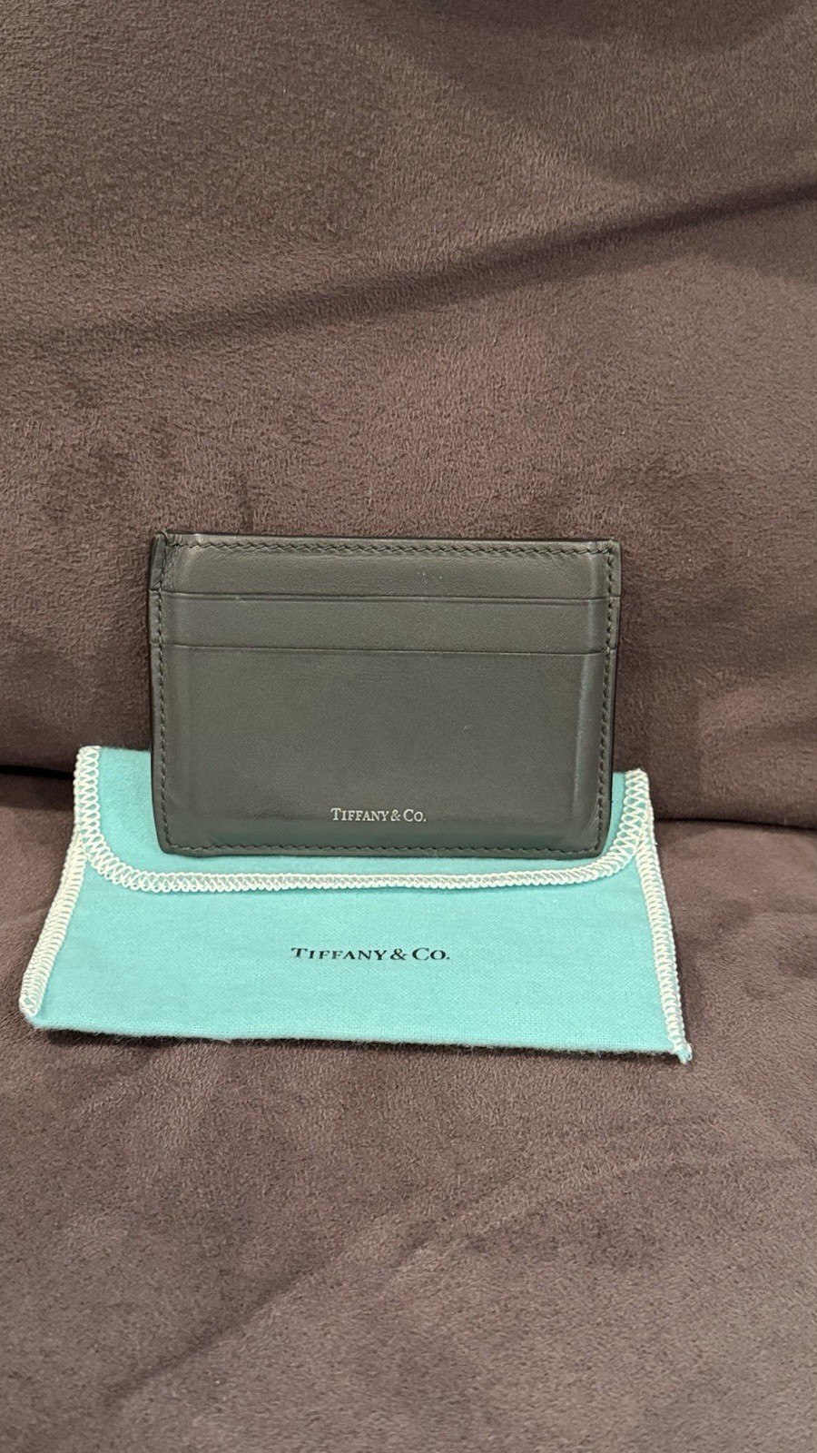Tiffany & Co. Black Leather Card Holder with Tiffany Blue Pouch pre owned