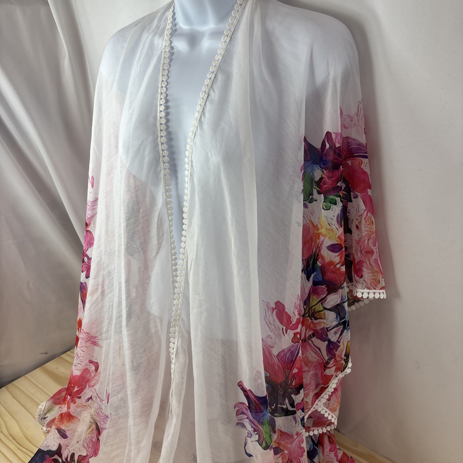 Womens Sheer Floral Kimono Cover Up White Watercolor Open Front Beach Swim OS