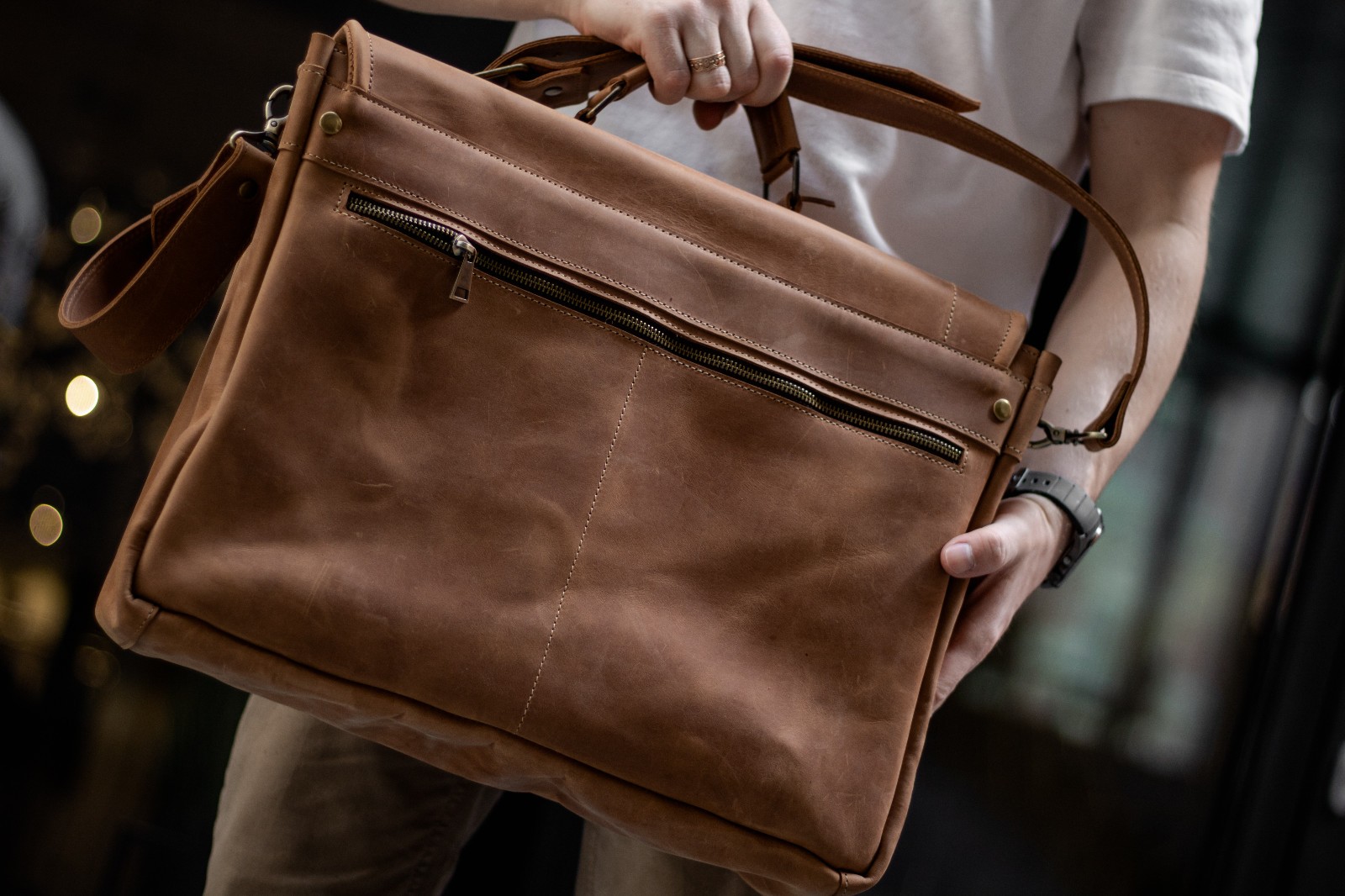 Leather laptop briefcase messenger bag for men
