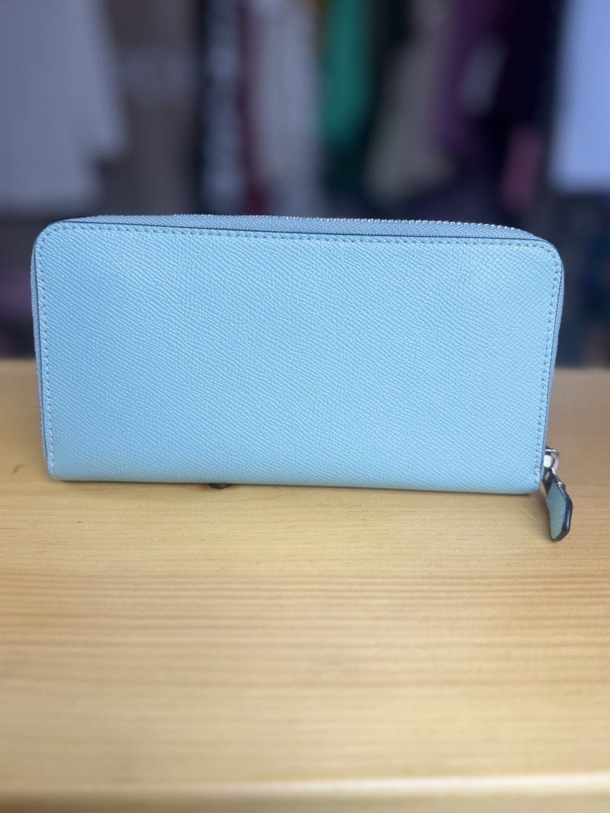 Authentic Coach Light Blue Crossgrain Leather Zip Around Wallet