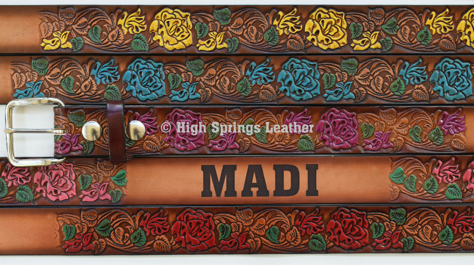 Name Belt -Rose Painted Leather Belt Engraved for Men Women Colors Available