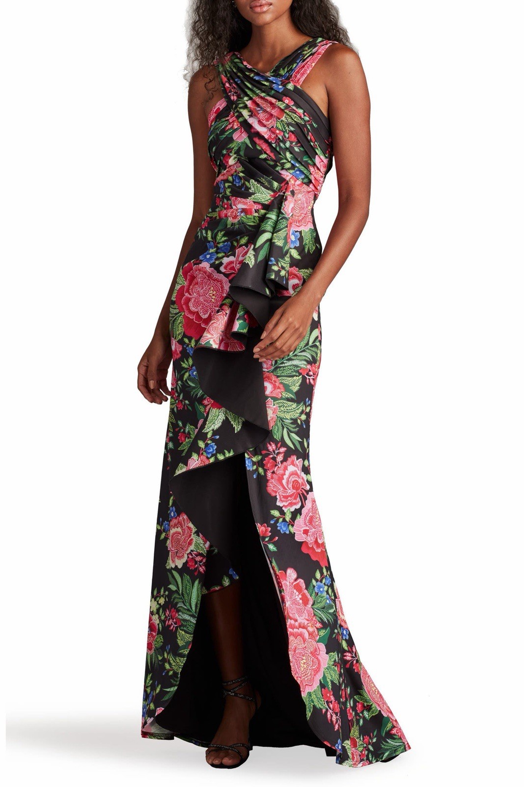 NWT Tadashi Shoji Twist Front Pleated Mermaid Gown in Black Fuchsia Floral Sz S