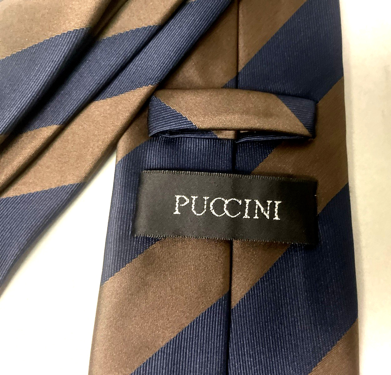 Puccini Men’s 58 in Microfiber Navy Blue Brown Diagonal Striped Classic Necktie