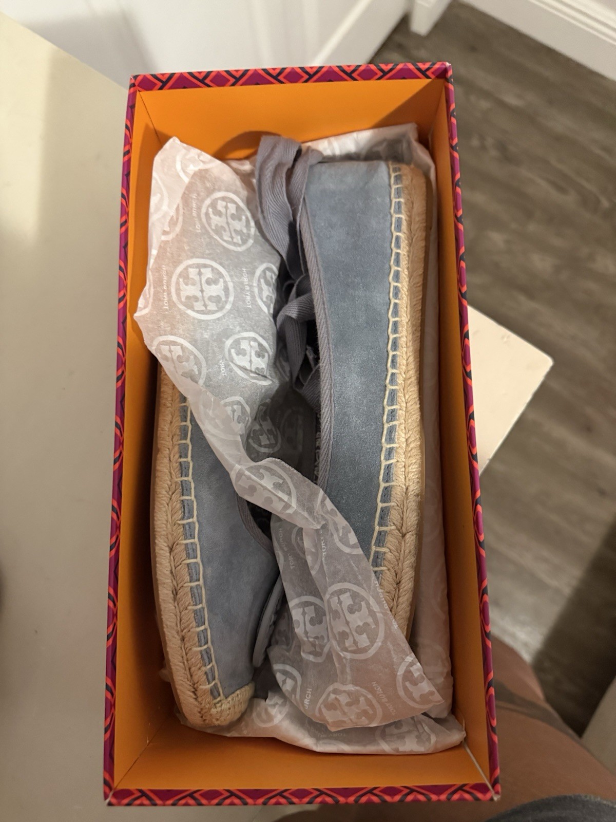 Tory Burch Blue Suede Espadrille Ballet Flats Round Toe Logo Accent Women’s 9