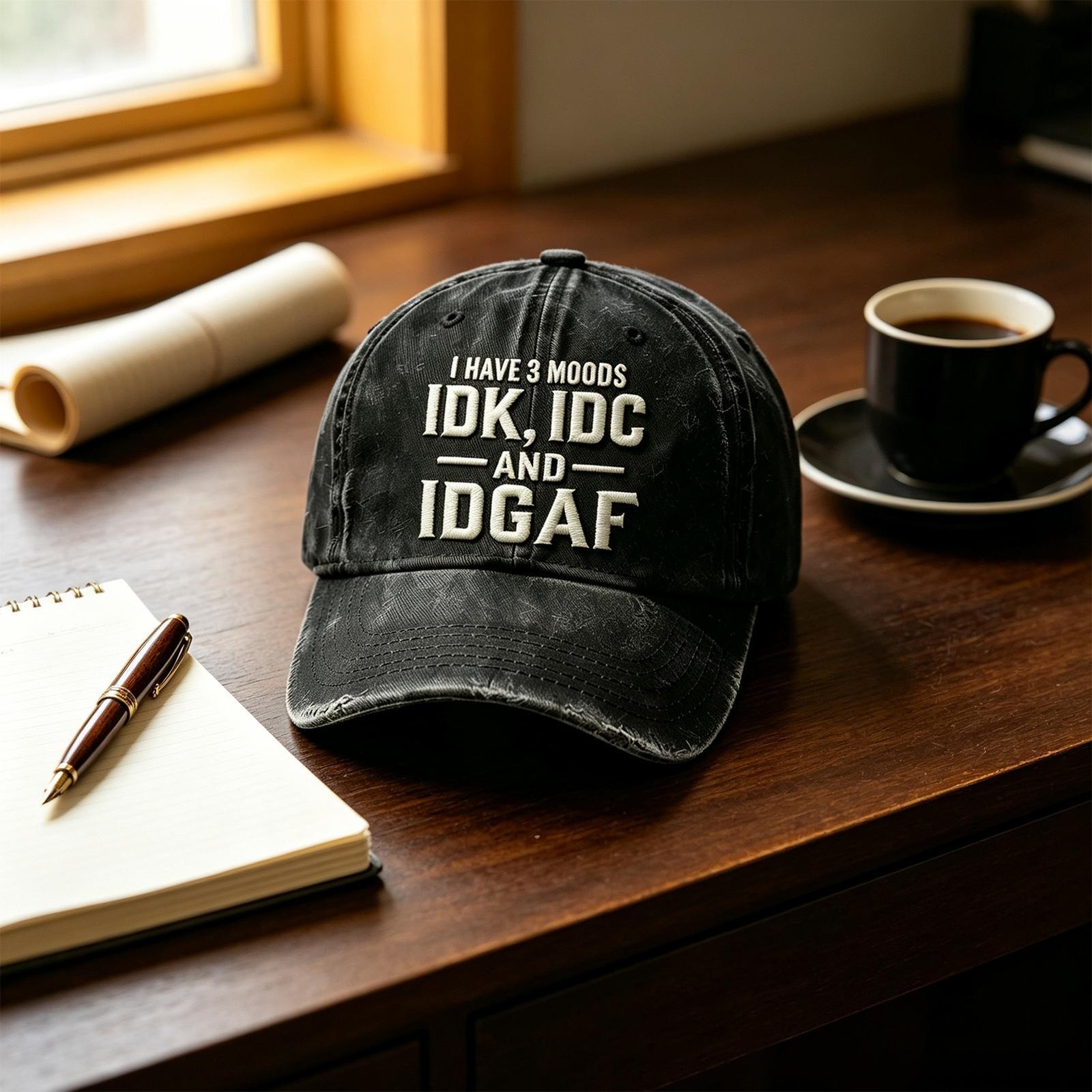 IDK IDC & IDGAF Skull Embroidered Vintage Washed Baseball Cap Funny Men Dad Hat