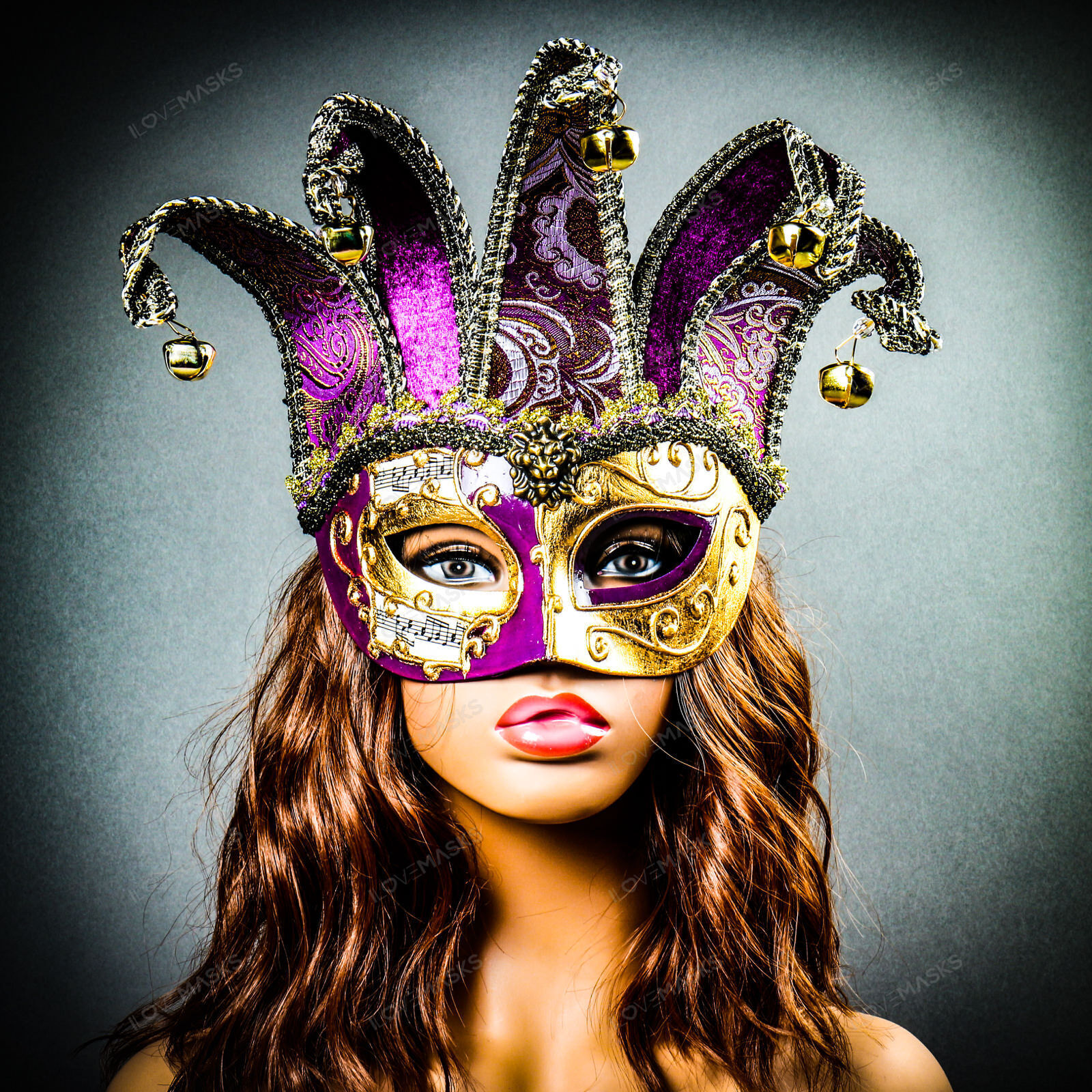 Jester Joker Venetian Musical Eye Mask with Bells Gold Purple Halloween Eye Mask