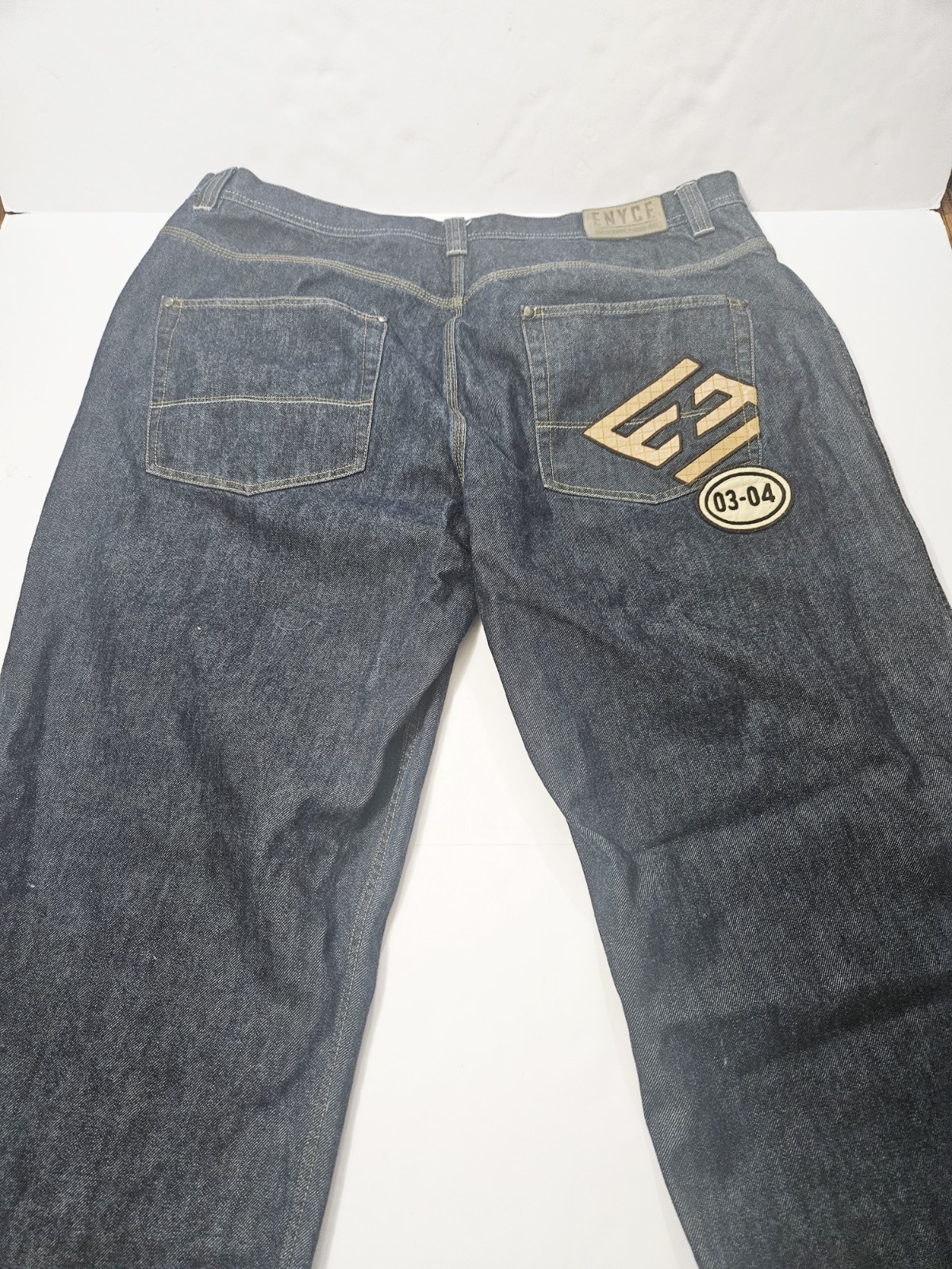 Enyce Dark Wash Leather Cotton Denim Jeans Logo Patch Men’s Size 42 Short Leg