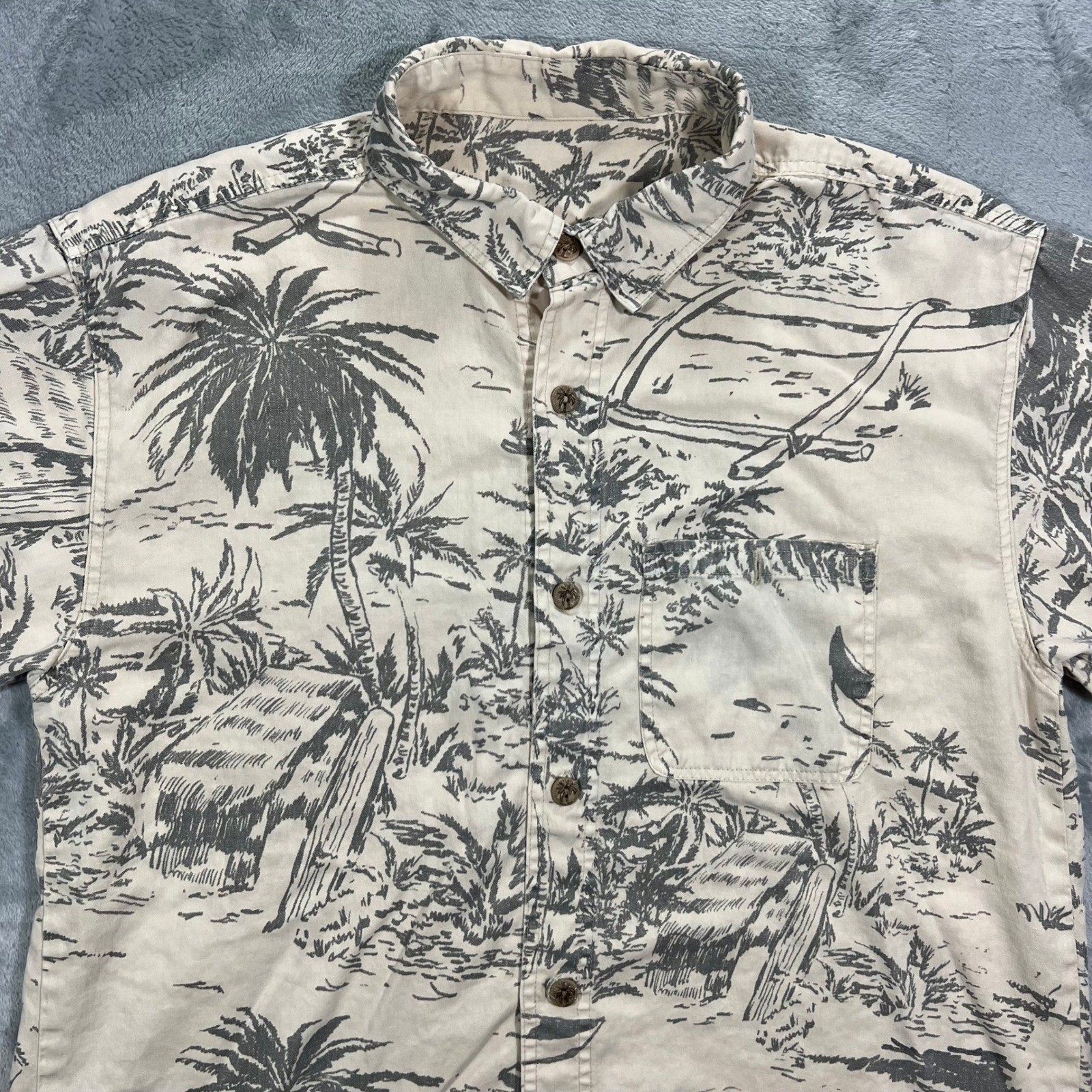 UNBRANDED Hemp Blend Tropical Island Print Shirt Mens Large Beige Gray