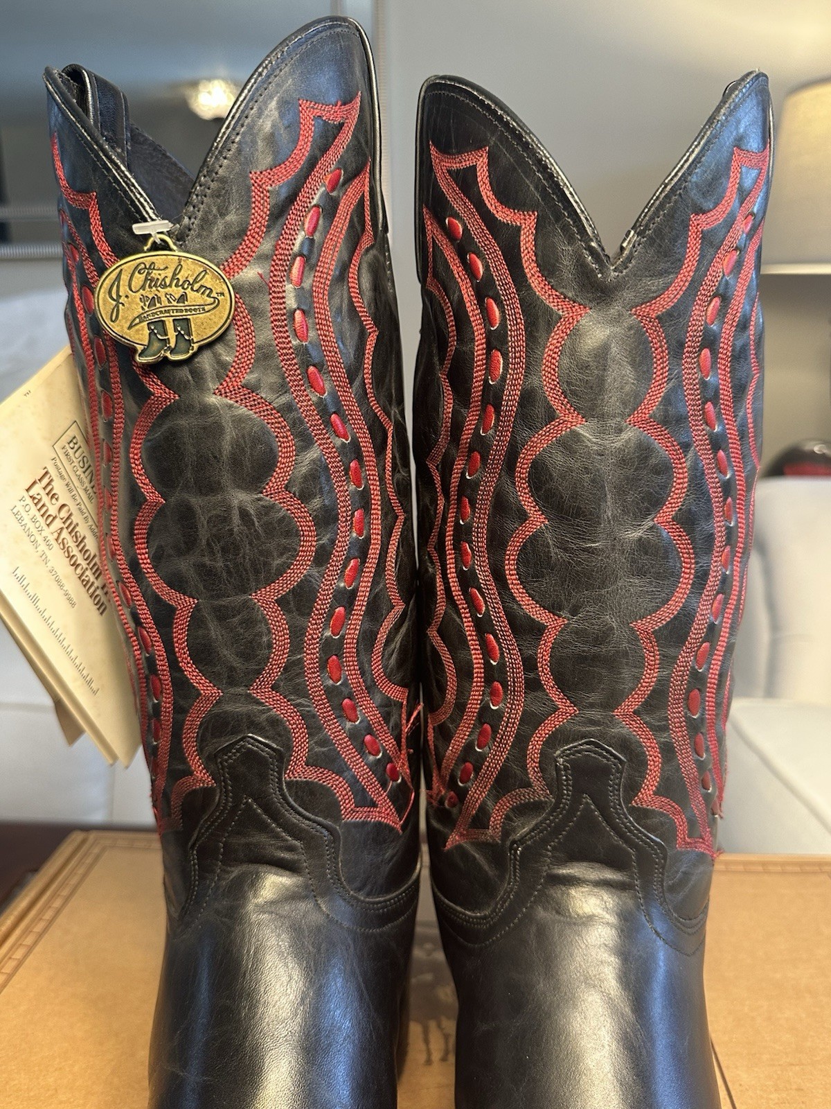 J Chisholm Men’s Handcrafted 1990’s Joe Diffie Black/Red Wing Tip Boots Size 10D