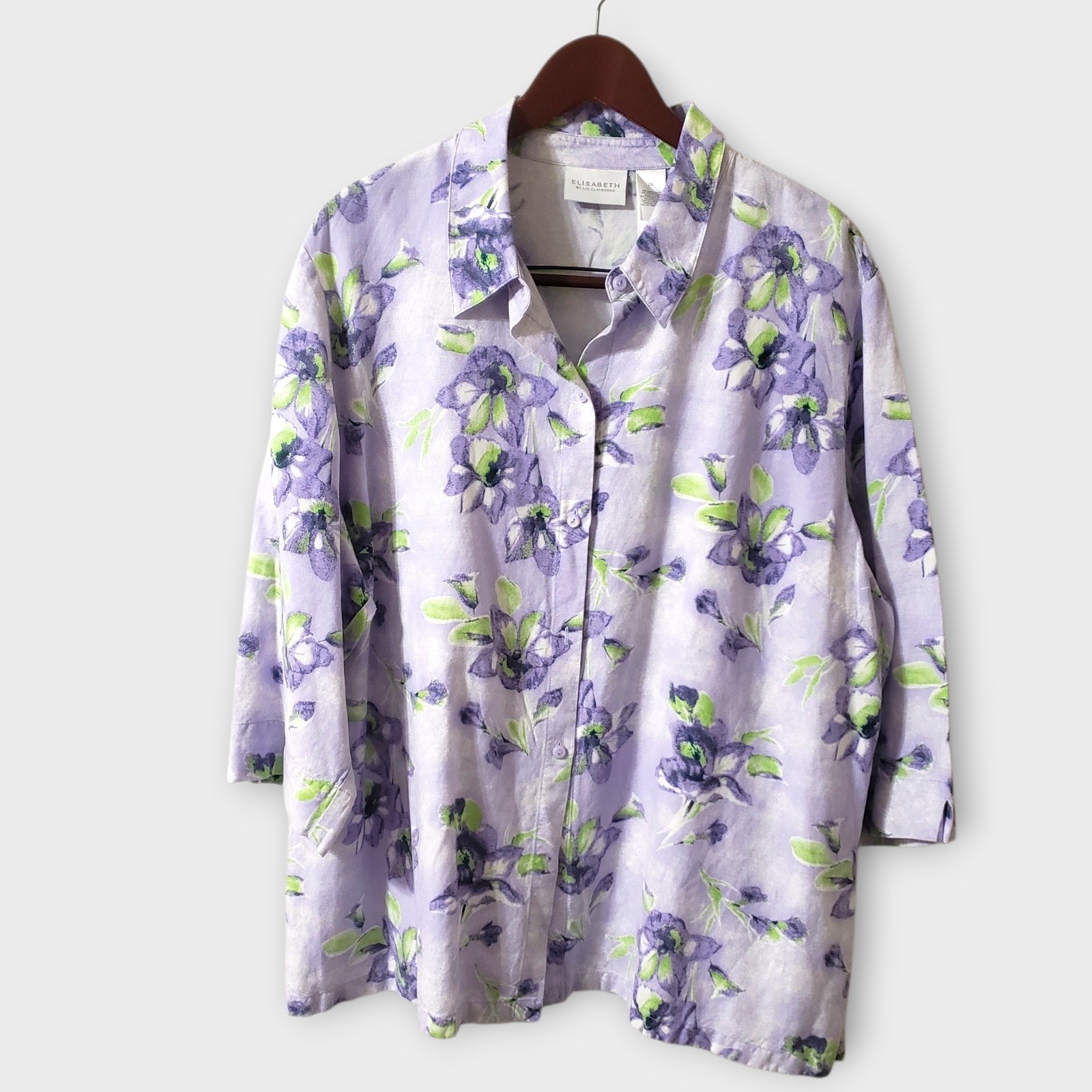 Elisabeth by Liz Claiborne 2X Purple Floral Linen Blend Button Up Shirt Top