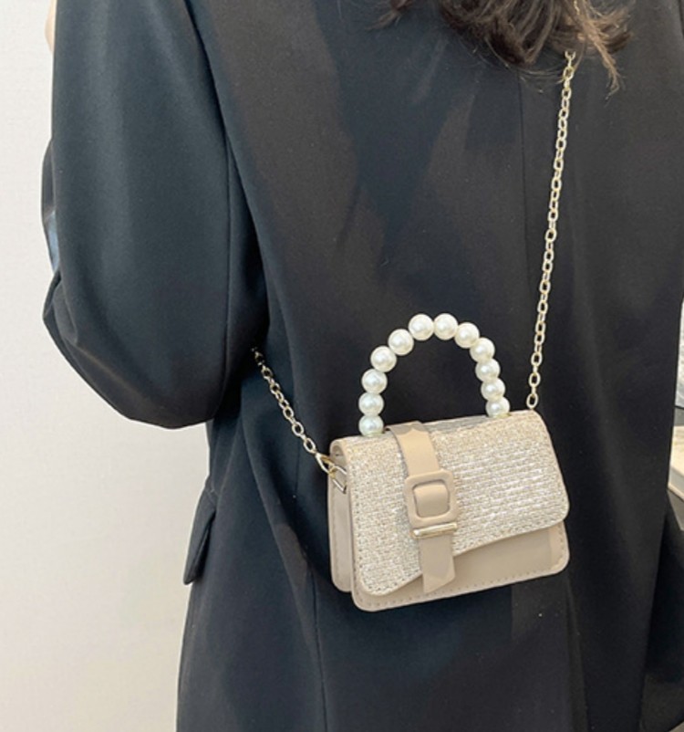 Khaki Solid Color Chain Shoulder Bag Pearl Crossbody Bag Top Handle Satchel