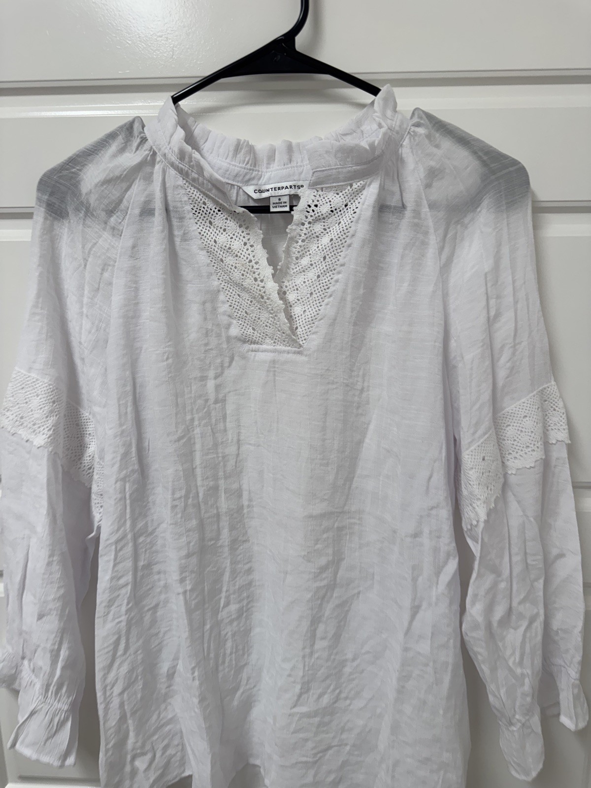Small Counterparts Top Womens White Gauzy Eyelet Lace Boho Tunic blouse A1
