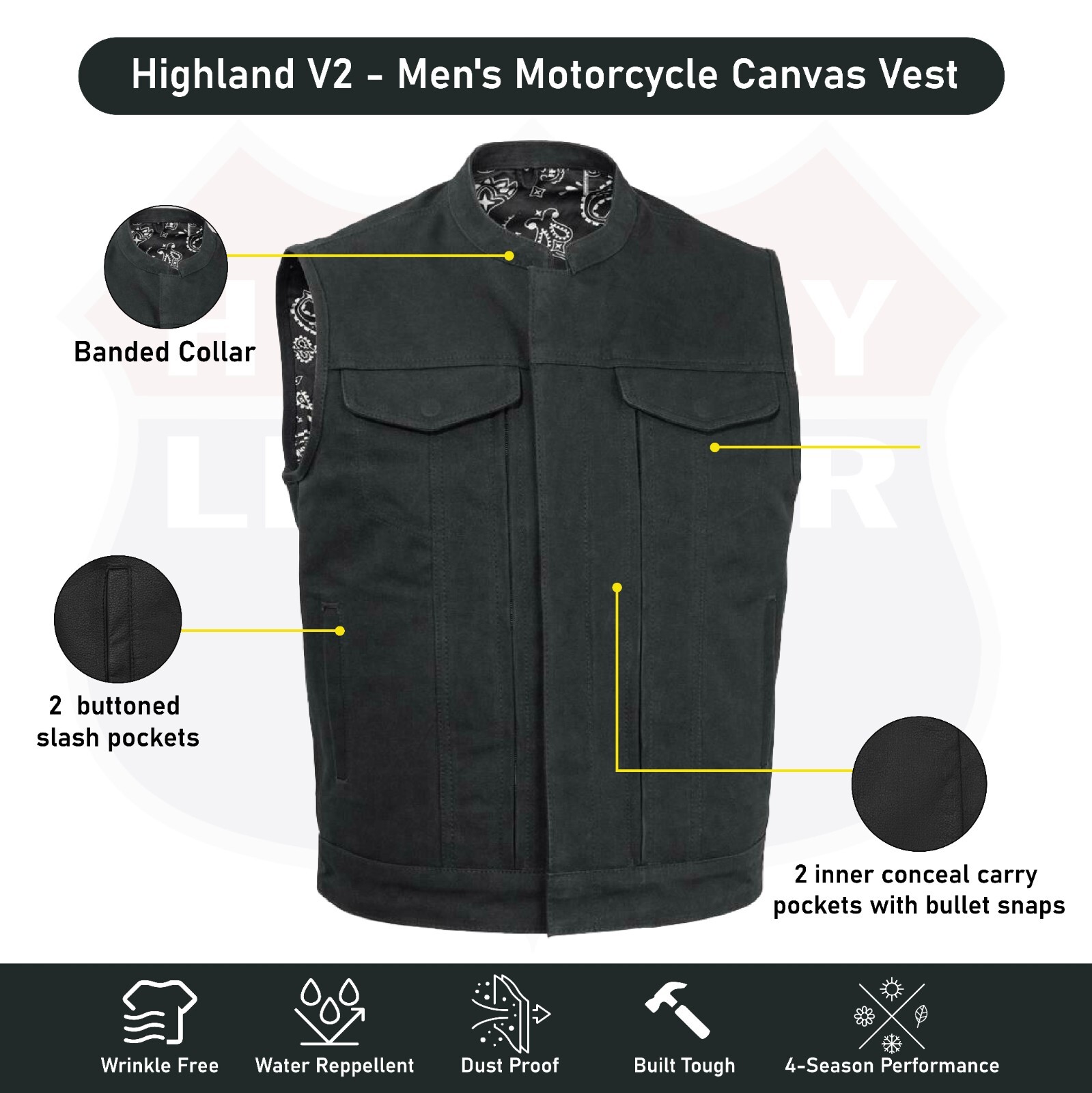 Highland V2 – Men’s Motorcycle Canvas Vest Conceal Carry Pockets, FIM692CNVS